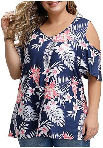 Tampas de tamanho grande para mulheres casuais de manga curta de verão fora do ombro o pescoço camiseta moda moda de túnica de túnica floral