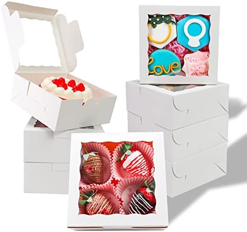 Slshepack 20pcs 6 x6 x2½ caixas de padaria branca com caixas de biscoito de janela pequenas caixas de bolo de macaron caixas