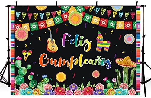 Aibiin 7x5ft Feliz cumpleaños cenário mexicano Fiesta feliz aniversário Cinco de Mayo Taco Festival Decorações de festa de festa coloridas Flores fotos