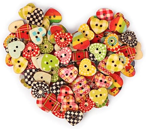 Botões em forma de coração - 100 PCs 1618mm de madeira colorida 2 orifícios Botões decorativos misturados para costura DIY e