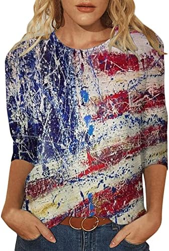 4 de julho Camisas para mulheres American Flag Summer 3/4 Manga Camisetas de pescoço de três quartos Manga respirável blusas confortáveis