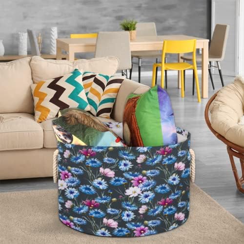 Blue Daisy Pink Flowers Grandes cestas redondas para cestas de lavanderia de armazenamento com alças cestas de armazenamento de
