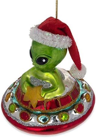Papai Noel Alien em um ornamento de Natal de vidro de vidro de vidro de pires 4,2 polegadas