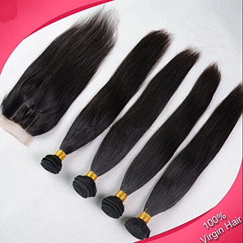 Junhair 3 Way Parte 1pc 4x4 Fechamento de renda com Virgin Filipinas Remy Humano Human Human 3 Facos de cabelo Mistor misto 4pcs