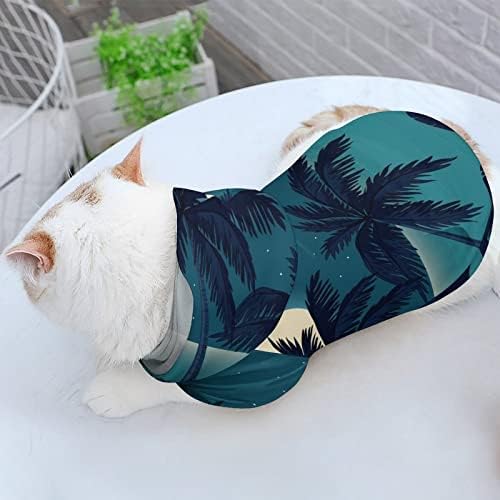 Paisagem do oceano tropical com uma camisa de uma peça de gato de palma fantasia de cachorro na moda com acessórios para animais de estimação