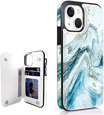 Carteira de capa de couro de mármore obbii compatível com iPhone 13 Mini 5,4 titular de cartões Opal Blue Marble Case