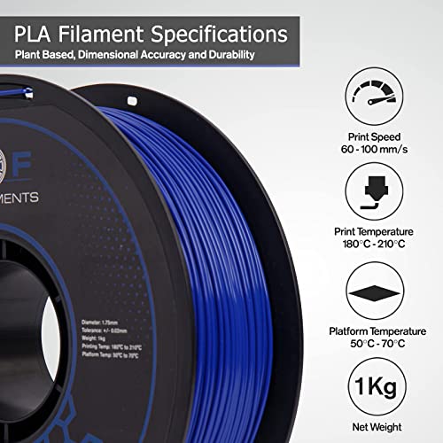 Filamento de impressão 3df - filamento azul PLA 3D para impressoras 3D FDM | Filamento PLA 1,75mm | Precisão dimensional +/- 0,02mm | Spool de 1 kg | Pacote de 1