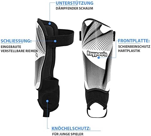 Roypouta Shin Guards Juventude de futebol, canela e tornozelo Proteção infantil canela de futebol, concha dura e tiras