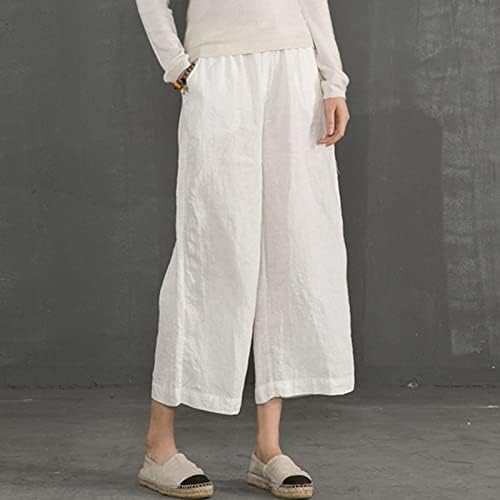 Calças de capri zhensanguo para mulheres pernas largas pernas largas cintura elástica linho de algodão solto pernas largas