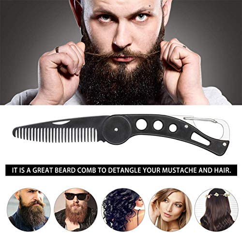 Pente de barba dobrável de aço inoxidável, portátil antifuncional anti estático fino a médio pente de cabelo de metal