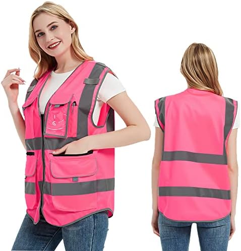 Oi Vis Vis de segurança rosa com zíper Fechamento frontal para mulheres Lady Girl Reflexive Visibiltion Multi Pockets