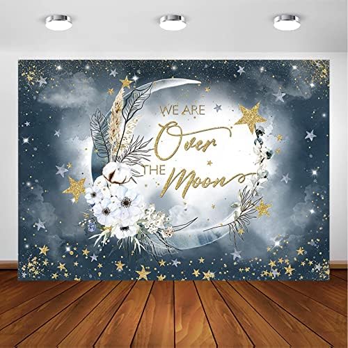 Avezano Deep Blue Baby Shower Backdrop Estamos sobre a lua Starry Night Baby Shower Party Decorações Polvilhe Dots Gold Stars Shotoshoot