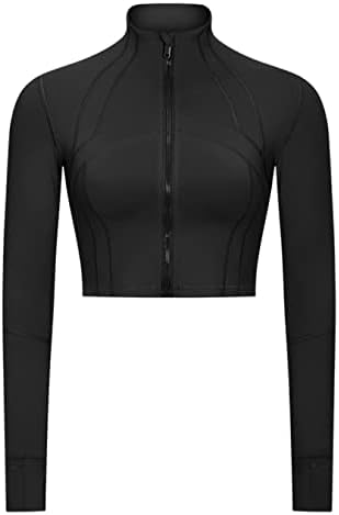 Ktilg Women Workout Crop Colt Jackets de manga longa Zip-up Pullover leve de ioga atlética Running Tops com orifícios de polegar