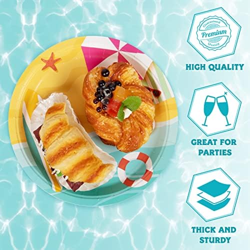 Decorlife Beach Party Supplies serve 24, pratos, guardanapos, garfos incluídos para crianças de aniversário, piscina, festa de verão, chá de bebê, total de 96pcs