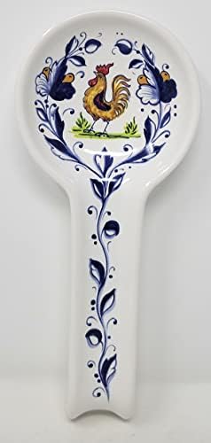 Nova Deruta Spoon Rest, Rooster, fabricado na Itália, italiano exclusivamente artesanal de barro artesanal para a mesa de sur la, obra de arte da região de Deruta, galinhas azul de fazenda, frango, 11,5 x 5 polegadas