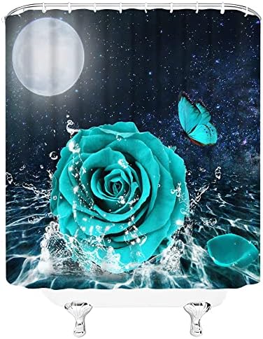 Filmilil Teal Rose Rose Chuveiro Cortina de primavera Flor Elegante Floral Butterfly Moon Night Sky Star Fantasy Banheiro Curta