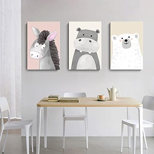 3pcs Cute desenho animado Arte da parede de animais para crianças, Funny Bear Hippo Pintura Fotos Decoração da sala de jogos para