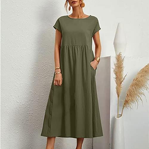 Vestido de manga curta do verão feminino Mrgiinri Empire Plateed Logo Swing Sundress Flare Casual Midi vestidos com bolsos