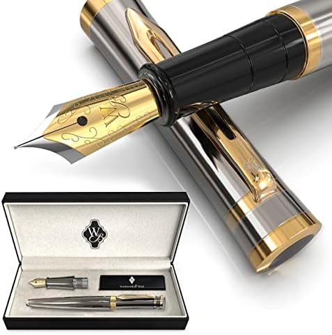Wordsworth & Black Fountain Pen Conjunto, 18K Gilded Medium e Extra Fine Penbs, 6 cartuchos de tinta e conversor de recarga, estojo de presente, canetas de escrita suave [ouro prateado], perfeito para homens e mulheres