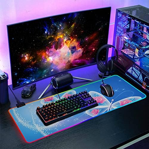 MNSruu Gaming Mouse Pad RGB - Basta de teclado LED grande com superfície impermeável suave e base de borracha sem deslizamento, 31,5 x 11,8 polegadas ,, Glitter Butterfly Rose