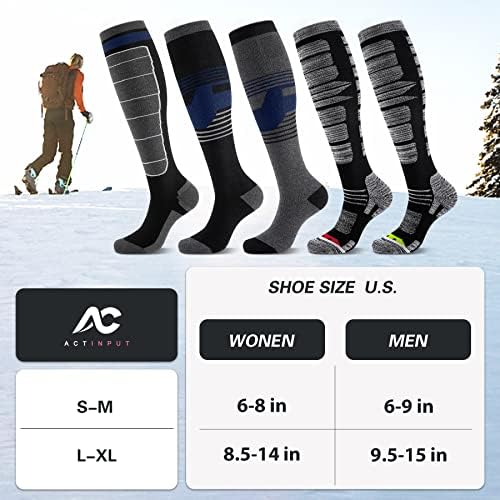 Actinput 2/3 Pacote Pacote de esqui de inverno Homens homens, meias de snowboard para esqui, meias altas do joelho térmico quentes
