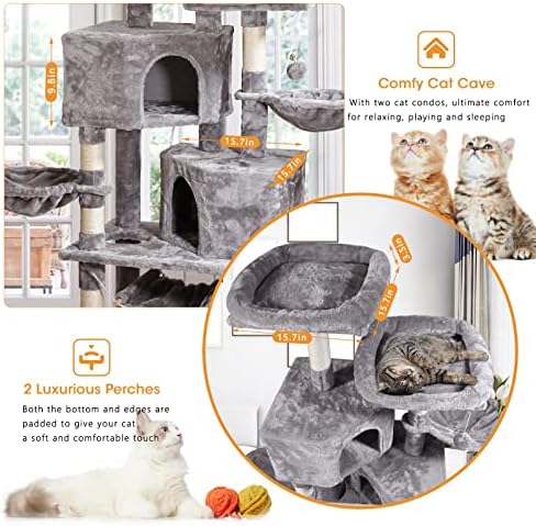 MQ Cat Tree Cat Tower 57in Postagem de arranhões de gato de vários níveis com condomínios, cesto, rede e polunhas de pelúcia para gatinhos, gatos grandes, cinza claro