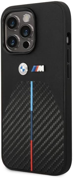 CG Mobile BMW Caixa de telefone para iPhone 14 Pro Max em preto acolchoado tricolor intermediário, protetor de fibra de carbono PU e estojo durável com fácil snap-on, absorção de choque e logotipo de assinatura
