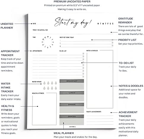 Maybell Daily To Fats List NotPad, planejador sem data com 50 lençóis rasgos, almofada de planejamento de programação diurna para compromissos, metas, tarefas, idéias, notas, fitness, refeições e ingestão de água, 8,5 x 11