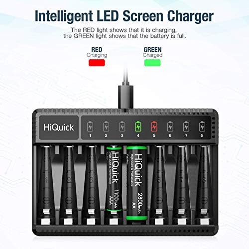 Hiquick 8 Bay Smart Battery Charger com bateria 4AA e 4AAA + 16 baterias recarregáveis ​​AAA