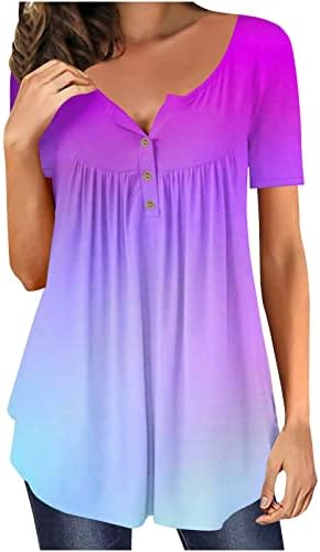 lcepcy feminino túnica casual tops de moda gradiente de moda camiseta v Botão de pescoço Blusa ruched Manga curta Curvada Bloups