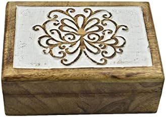 Armazene a caixa decorativa esculpida em madeira Indya com escultura geométrica na parte superior | Organizador de joalheria da
