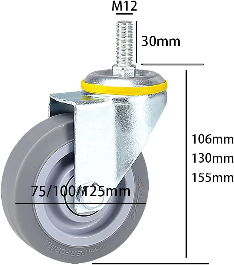 rodízios de 3 polegadas giratórios giratórios rodas de giro M12 Caster de borracha industrial para serviço pesado com