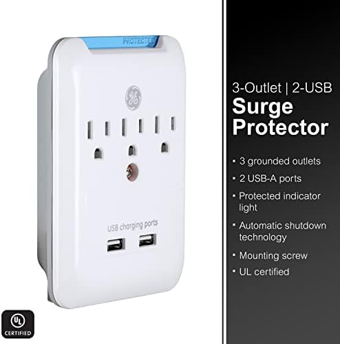 Extender GE Pro 3-Outlet com 2 portas USB, protetor de surto, torneira da parede da estação de carregamento, LED indicador protegido,