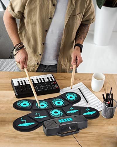 Conjunto de tambor eletrônico portátil 9 almofadas roll-up tambor prática, conectividade USB MIDI, kit de bateria elétrica