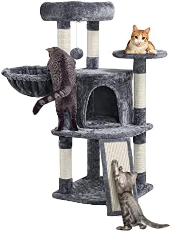 Torre de árvore de gatos multiníveis de 42 h com condomínio e poleiros, cinza escuro