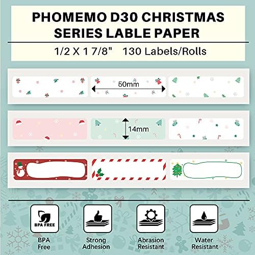 Phomemo 3 Roll D30 Padrão de Natal Adesivo com Rótulo de Fronteira 1/2 X 1 7/8 130 Etiquetas/Roll, preto em branco, para presente,