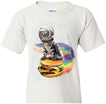 Gato pilotando uma camiseta arco-íris de hambúrguer jovem astronauta gatinho kitten space kids tee