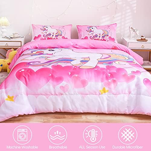 Phantasim Unicorn Bedding Twin for Girls Girls para todas as estações Pink Rainbow Unicorn Gêmeo Gêmeo, 3 peças Microfiber escovado