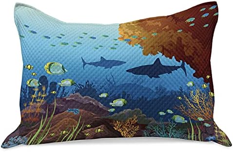 Ambesonne Deep Mar de malha de malha de colcha de travesseiros, desenho animado da vida selvagem marinha subaquática com vários