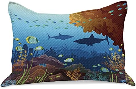 Ambesonne Deep Mar de malha de malha de colcha de travesseiros, desenho animado da vida selvagem marinha subaquática com vários peixes, cobertura padrão de travesseiro de tamanho queen para quarto, 30 x 20, multicolor de azul -céu profundo