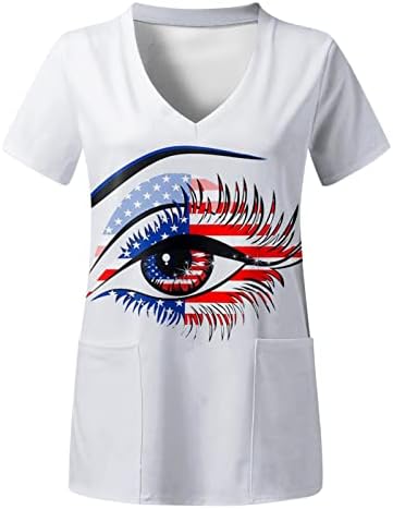 Camisas de bandeira dos EUA para mulheres 4 de julho de verão Manga curta V camisetas com 2 bolsas Blouse Top Holiday Casual