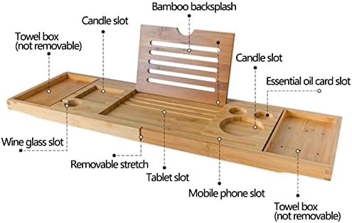 Bandeja de Caddy de Bathtub Pengfei, mesa de banho expansível de bambu sobre a banheira com suporte de toalha de vidro de vinho, organizador de banho de prateleira de armazenamento à prova d'água para hotel em casa, fácil de limpar