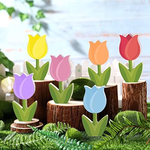 Tulipas de madeira ornamentos, decoração de bandeja em camadas de flores de primavera, 6 peças de flores coloridas de
