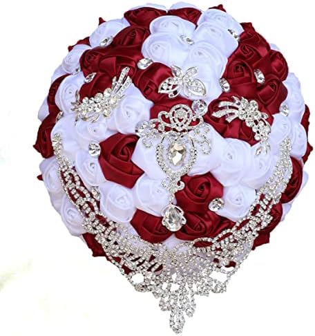 Qike Buquê de noiva de casamento de luxo de luxo grande rosa de seda que segura bouquetes de flores artificiais com fita de cetim shinestone