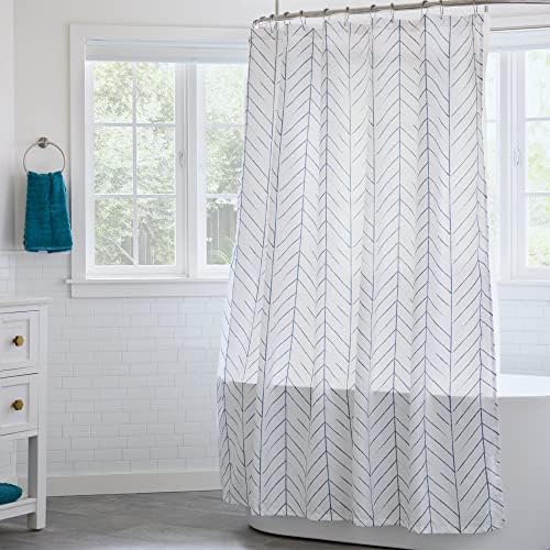 LINENSPA Blue Herringbone Curtain - resistente à água, resistente a rugas, lavável na máquina, cortina de chuveiro