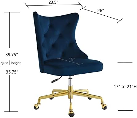 24kf Velvet estofado Button Tuffed Cadeira de escritório em casa com base de metal dourado, cadeira de mesa ajustável Cadeira de escritório giratória - 7081 -Navy