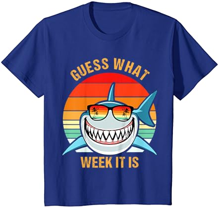 Adivinhe em que semana é um presente engraçado de tubarão masculino, camiseta feminina e infantil