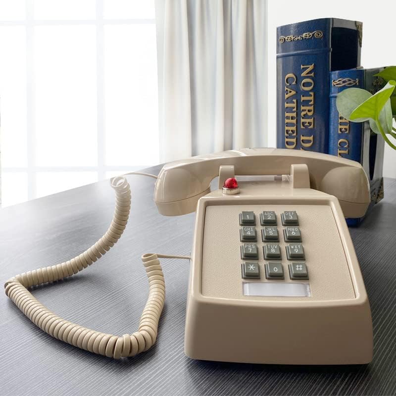 Telefone de mesa com fio retro Soujoy, telefone vintage de linha única com controle de volume, telefone clássico de campainha para casa e escritório, bege