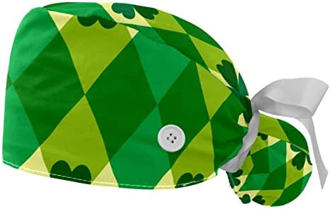 Capas de limpeza de esfoliação ajustável 2 pacotes verde quatro folhas de trevo de trabalho capa de cabelo com chapéu cirúrgico da bolsa de rabo de cavalo
