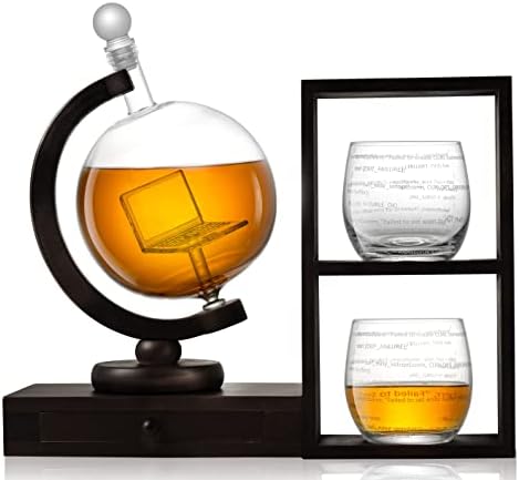 Joyjolt Executive Computer Whisky Decanter com óculos, prateleira de decantador de bebidas alcoólicas e gaveta de acessórios. Decanters em caixa de presentes para presentes de álcool, conjuntos de decantadores de uísque exclusivos para homens e mulheres